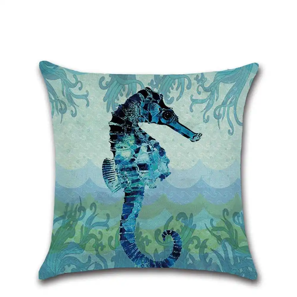 Льняная декоративная подушка в виде морской черепахи Морской коньки наволочка
