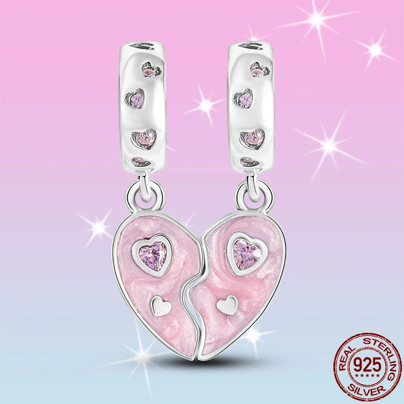 

HOT SALE 100% 925 Sterling Silver Pink Love Heart Combination Charm Beads Fit Original Pandora Bracelet Pendant Necklace Jewelry