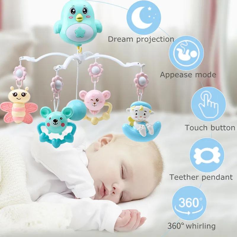 

0-12 Month Baby Sensory Toys Bed Bell Music Rotate Rattle with Remote Control Teether Rattle Pendant Projection Early Education