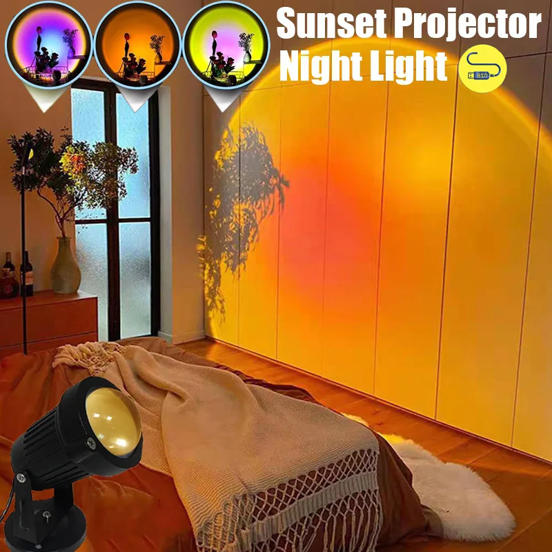 

2021 Sunset Projector Lamp USB Button Rainbow Atmosphere Led Night Light for Home Bedroom Coffe Shop Background Wall Decoration