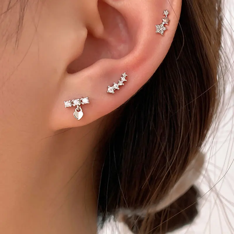 

New 925 Sterling Silver Korean Version Simple Star Combination Stud Earrings Women Fashion Temperament Student Party Jewelry