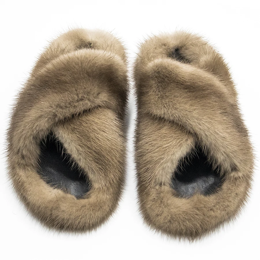 Шлепанцы женские с двойным перекрестным ремешком натуральный мех норки сланцы