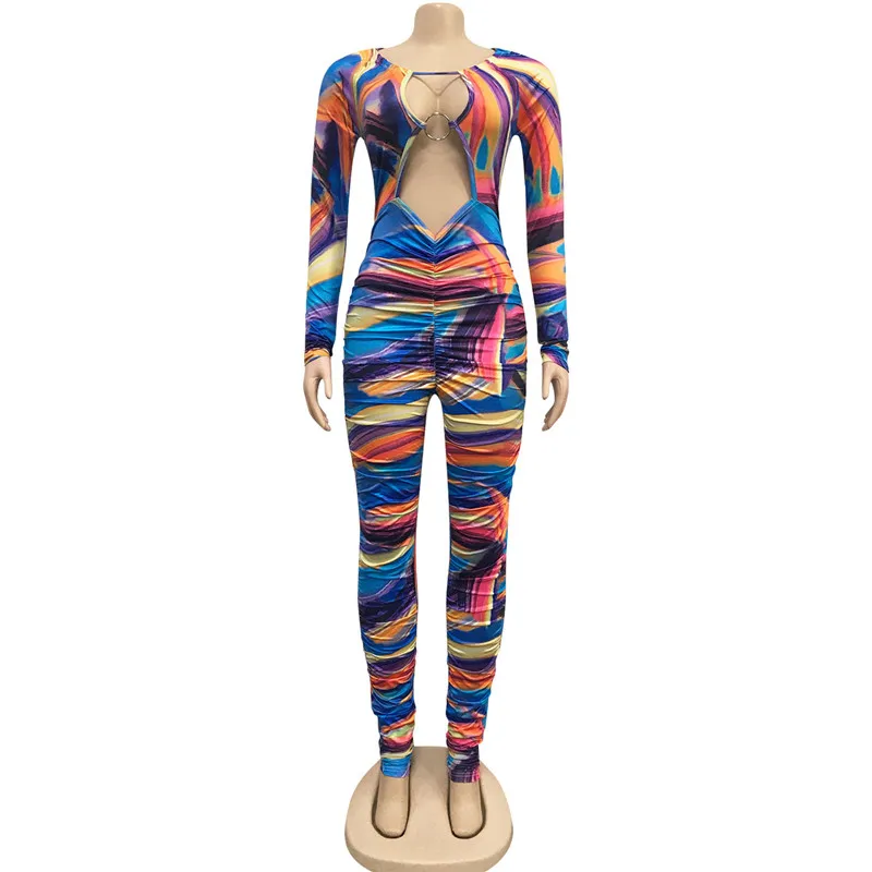 

YEYA Tight Colorful Print Jumpsuits Breast Wrap Off Shoulder Sexy Sleeveless Lace Up Backless Nightclub Party Streetwear Overall