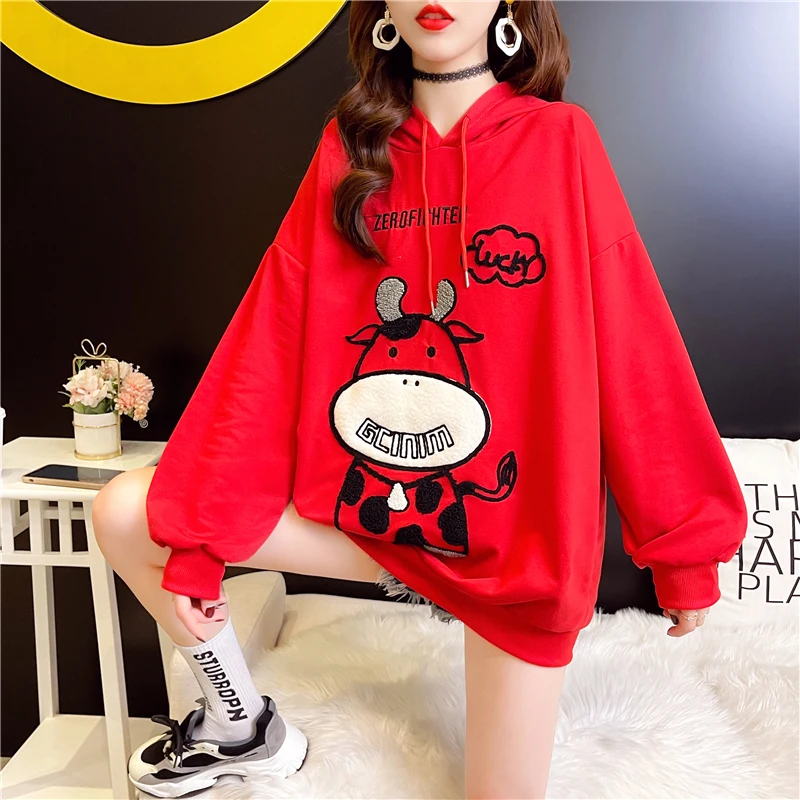 

Женская толстовка с капюшоном, с длинным рукавом и принтом коровы