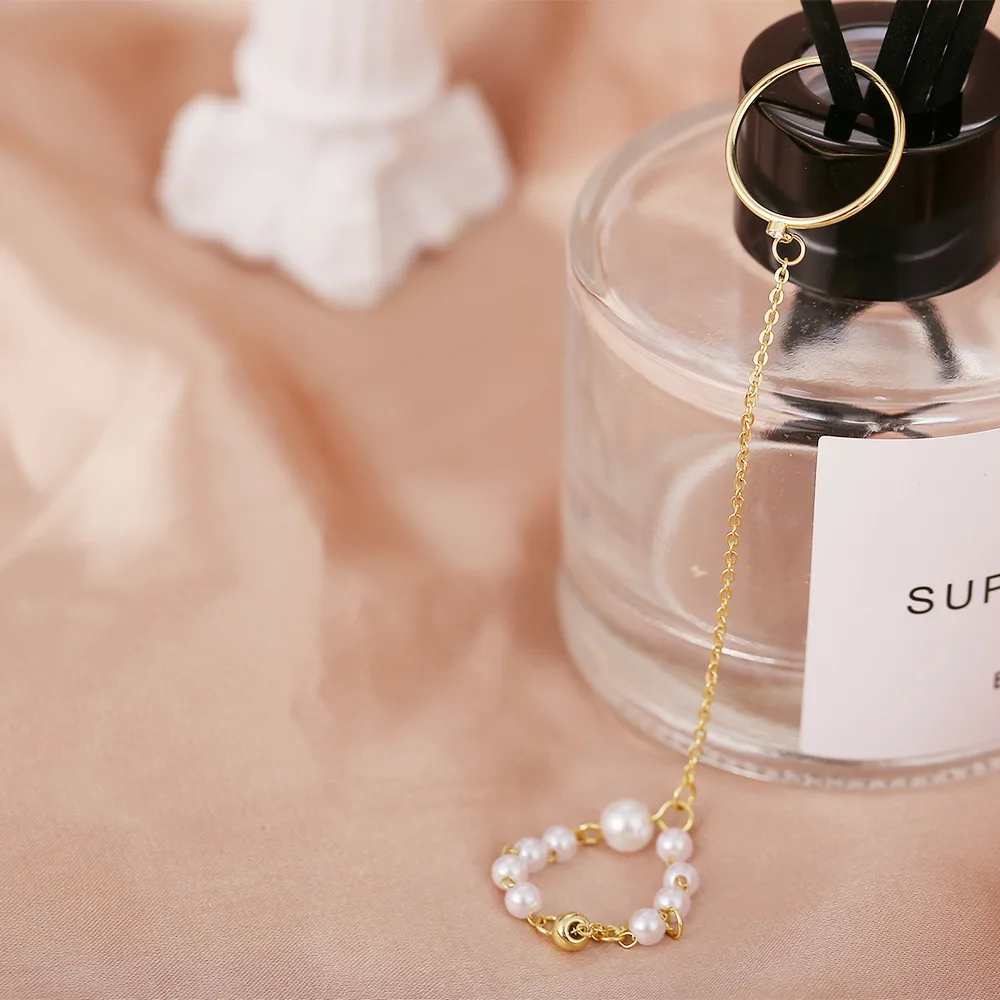 

Fashion Rings Set For Women Hand Finger Chain Adjustable Double Ring Fashion Vintage Pearl Pendant Punk Jewelry