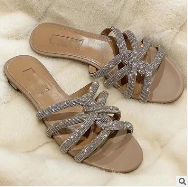 

2021 Summer Fashion Temperament Women's Shoes High Quality Slippers Sequined Decorative Flat Shoes