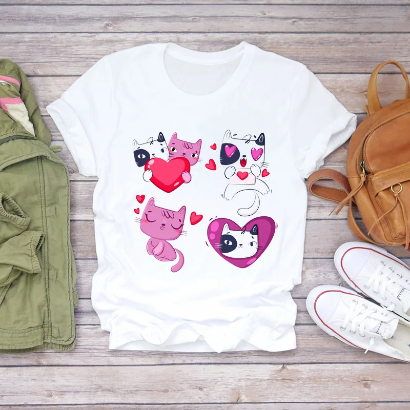 

Harajuku kawaii Cartoon Cat Animal Love Valentine Fashion 90s Print Lady T-shirts Top Womens Graphic T Shirt Ladies Female Tee