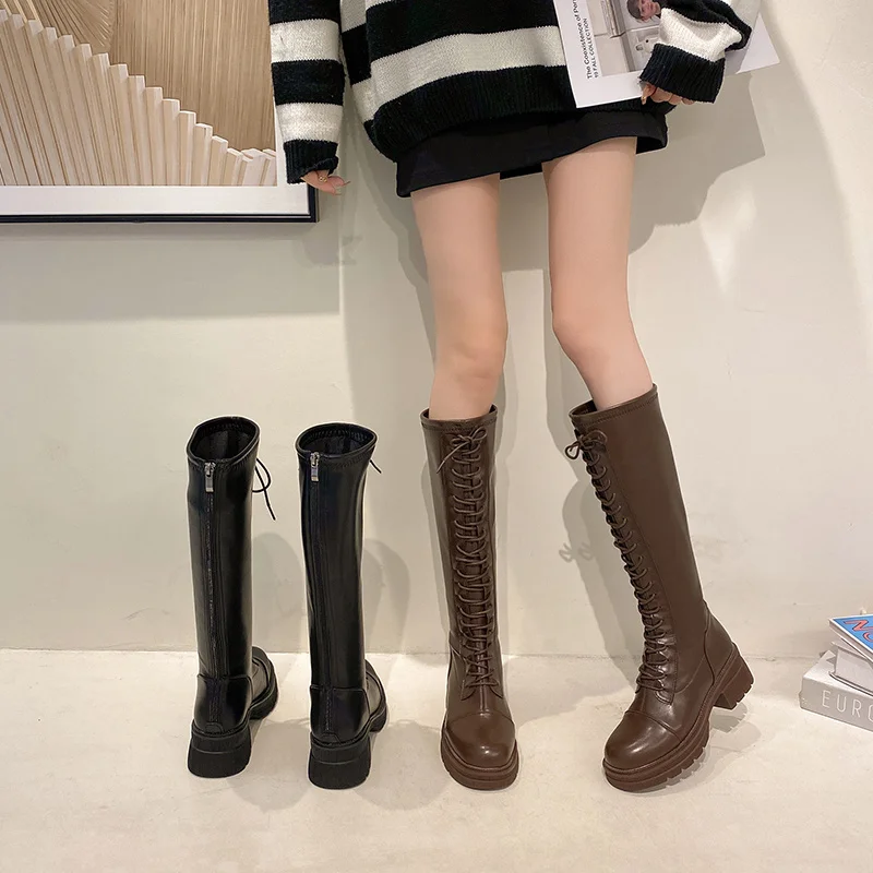 

Женские кожаные сапоги до колена на молнии, женские длинные рыцарские сапоги с пряжкой, женские боевые сапоги, женская обувь на низком каблу...