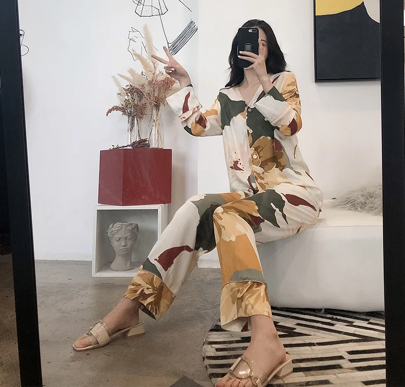 Autumn Ink Printing V-neck Long-sleeved and Long Trousers Suit Sleepwear for Ladies Large Size Cardigan Home Two-piece Clothes