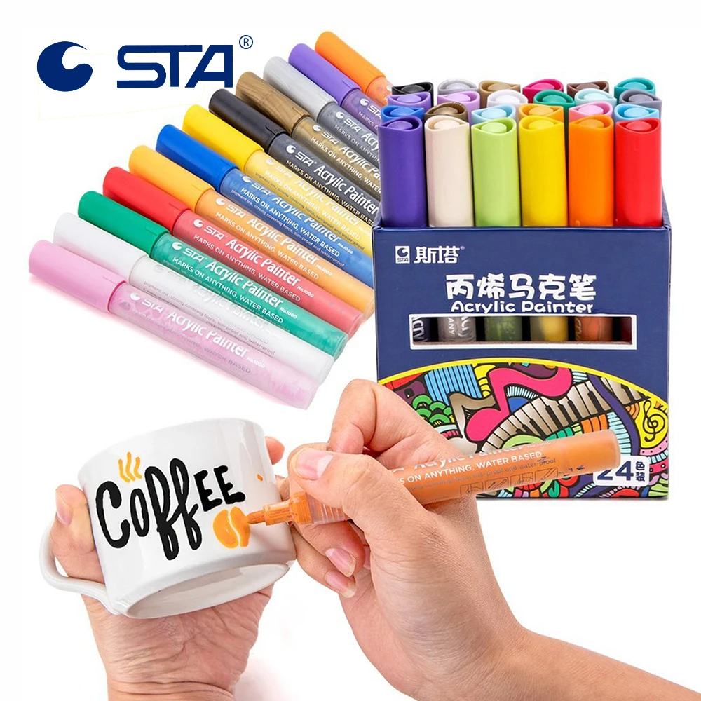 STA-قلم تحديد الأكريليك 12/24 لونًا للسيراميك الصخري والزجاج والبورسلين والنسيج الخشبي والرسم على القماش