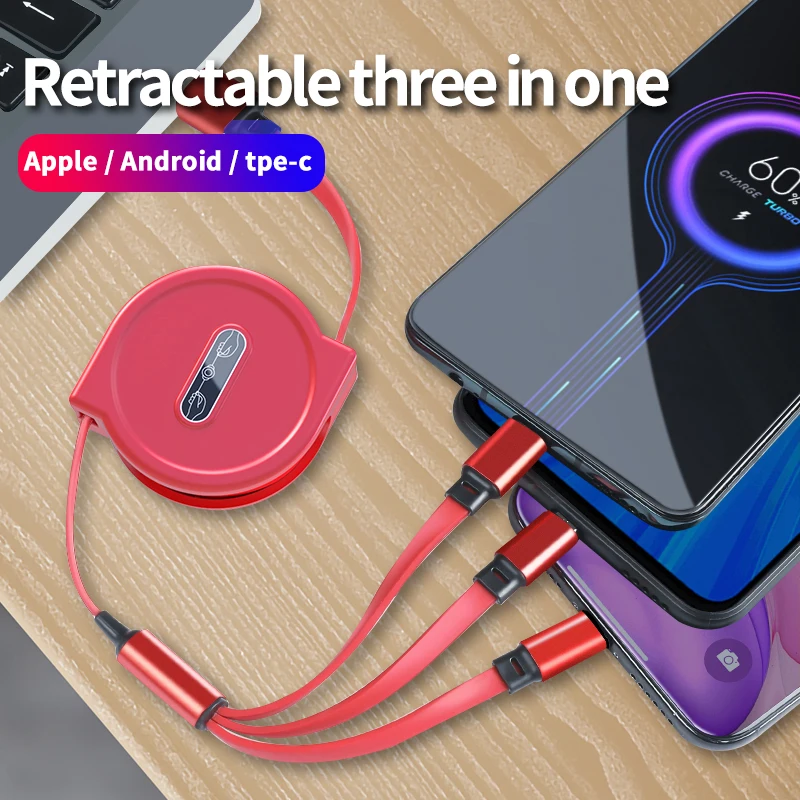3 in 1 retractable type c micro usb multi charger cable for xiaomi redmi note10 pro fast charging usb cable for iPhone charging