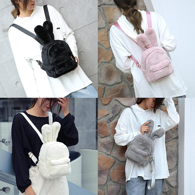 

Fashion Plush Bag Women Fur Faux Handbag Shoulder Bags Fluffy Female Shopper Bag Purses Travel Rabitt Ear Backpack/Multicolor