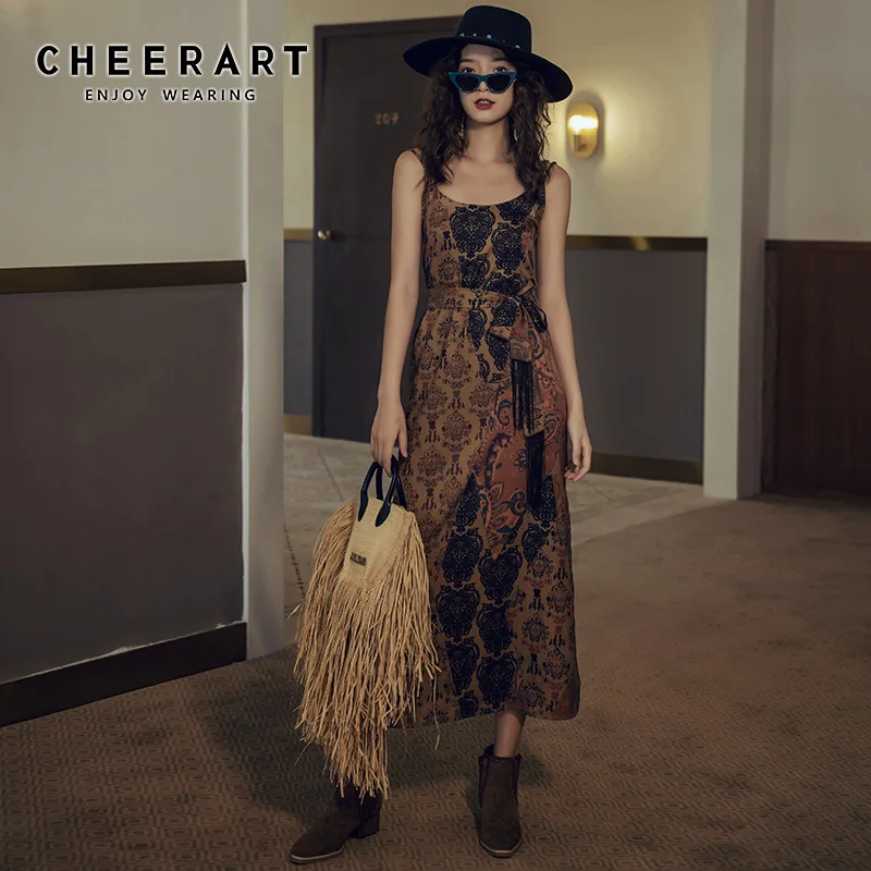 CHEERART Цветочное платье на тонких бретелях летнее пляжное длинное миди праздничное платье с открытой спиной в этническом стиле на шнуровке женские платья