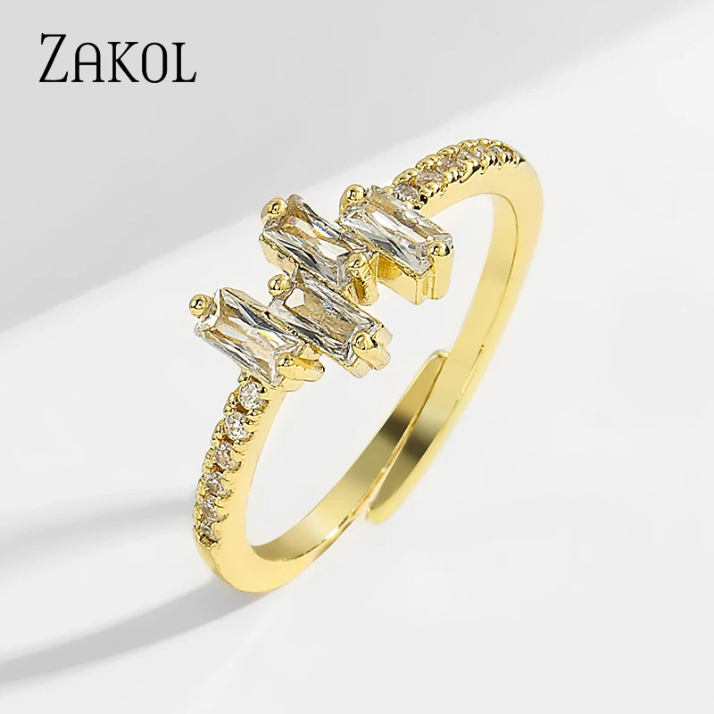 ZAKOL простой Cz золотой цвет багет зеленый фианит палец Открытое кольцо Мода