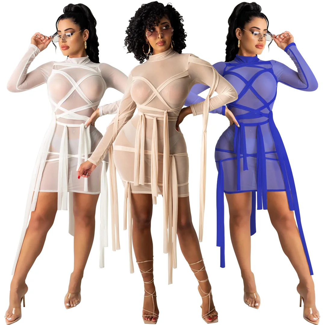 

Women Plus Size Sexy Mesh Bandage Bodycon Ladies Dresses Spring 2021 New Vestido De Festa 3XL