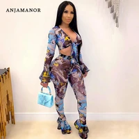 anjamanor fashion print sheer mesh sexy 2 piece sets womens club outfits long sleeve crop top and bell bottom pants d37 di20