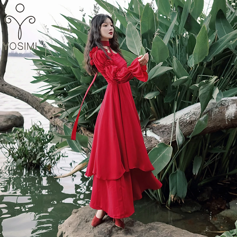 

YOSIMI Red Chiffon Long Women Dress 2021 Summer Asymmetrical Fit and Flare Puff Long Sleeve Women Evening Party Dress Elegant