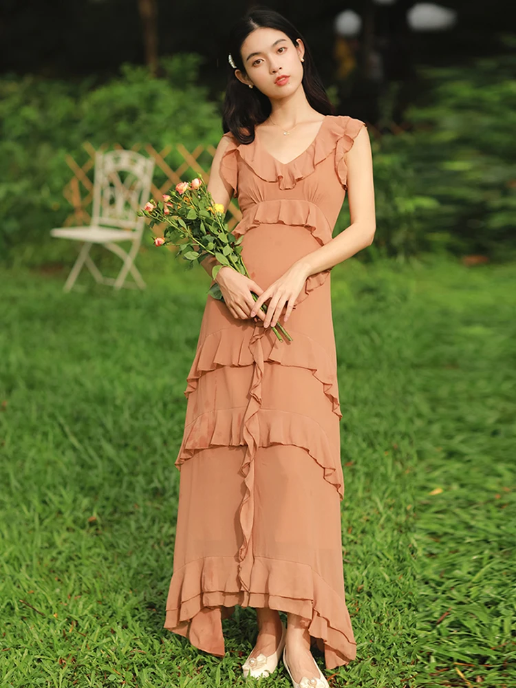 

Summer New Women's Clothing Ins Bohemia Travel Holiday Seaside Chiffon Dress Retro Art Pastoral Girl Style Cake Long Dress