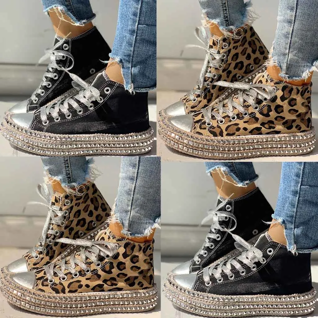 

Hot Sale Women Leopard Sneakers Fashion Desinger Lace Up Platform Flats Shoes Female Stylish Canvas Shoes Ladies Crystal Sneaker