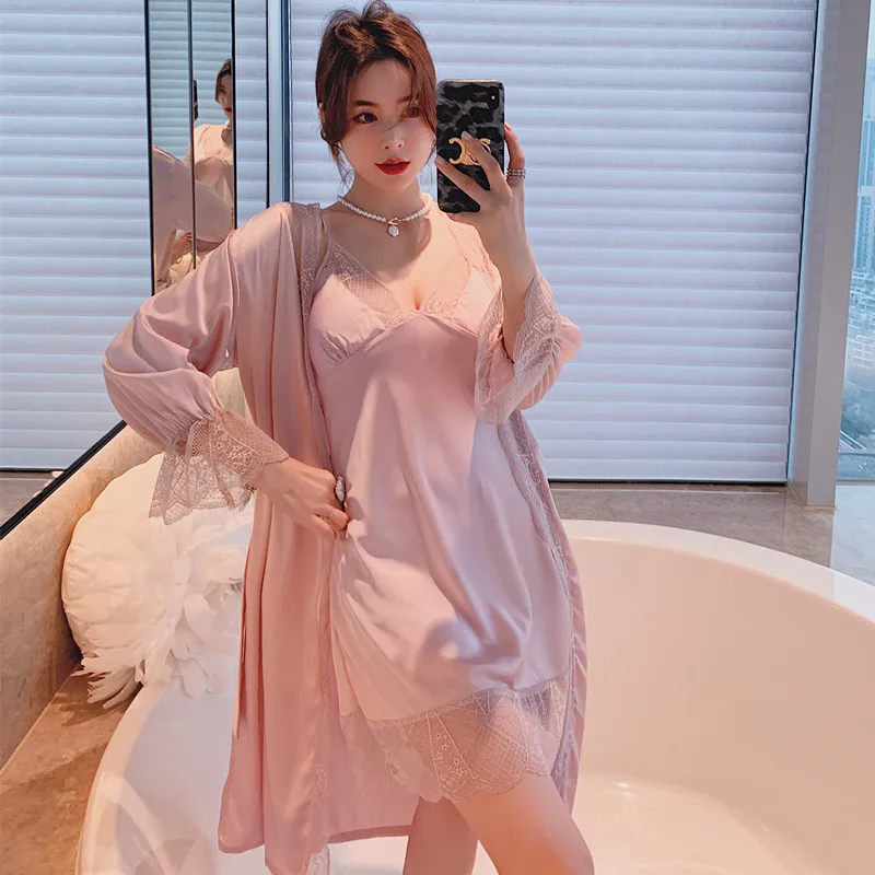 

Vintage Nightgown with Chest Pad Silk Lace Sexy Sling Nightdress Two-Piece Set Beautiful French Satin Robe Solid Pajamas Summer