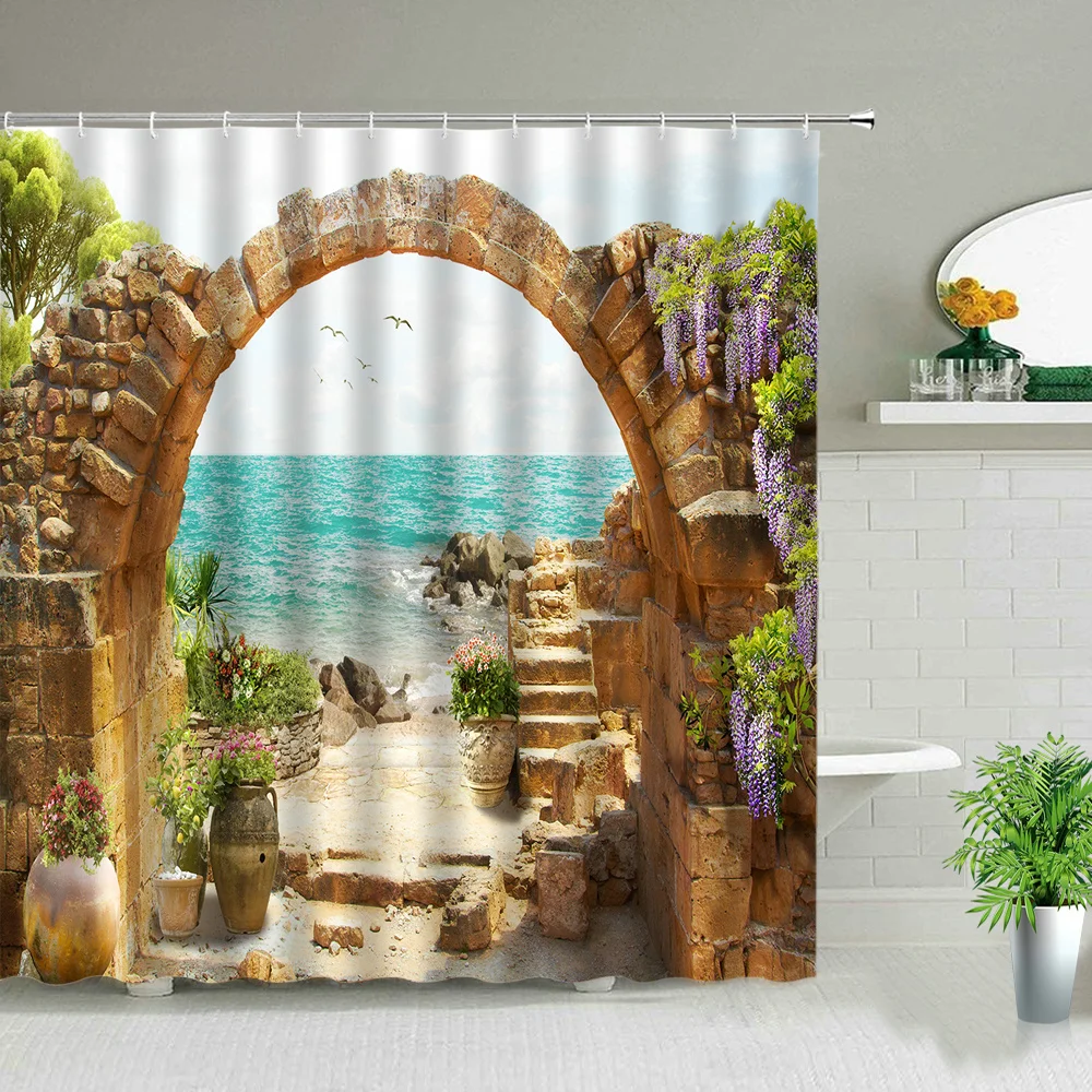 

Window Outside Forest Bridge Spring Landscape Creativity Shower Curtain Zen Stone Tree Building Scenery Cloth Curtains With Hook