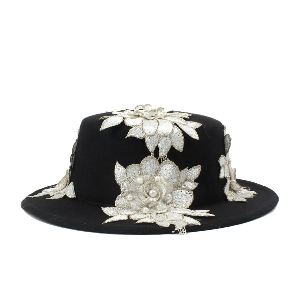 Шерстяная шляпа с плоской подошвой для женщин широкими полями федора цветочным