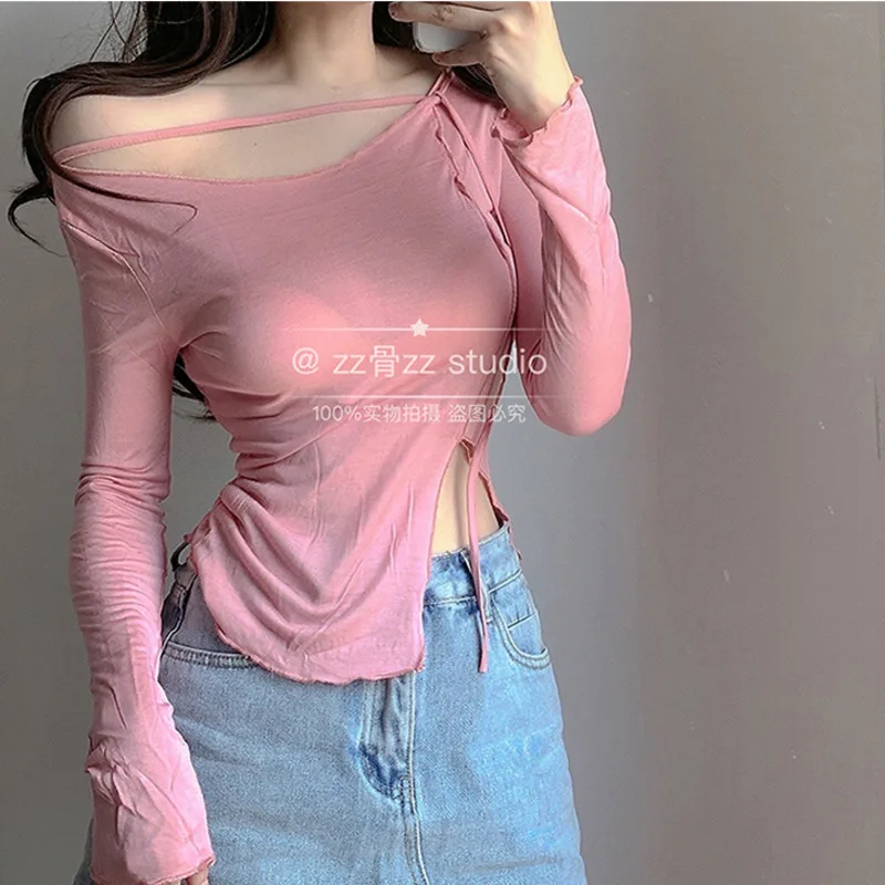 

WOMENGAGA Autumn New Strapless Sexy Bandage Split Thin Long Sleeve T-shirt Irregular Hot Korean Sweet Girl Female Tees Tops 0H8F