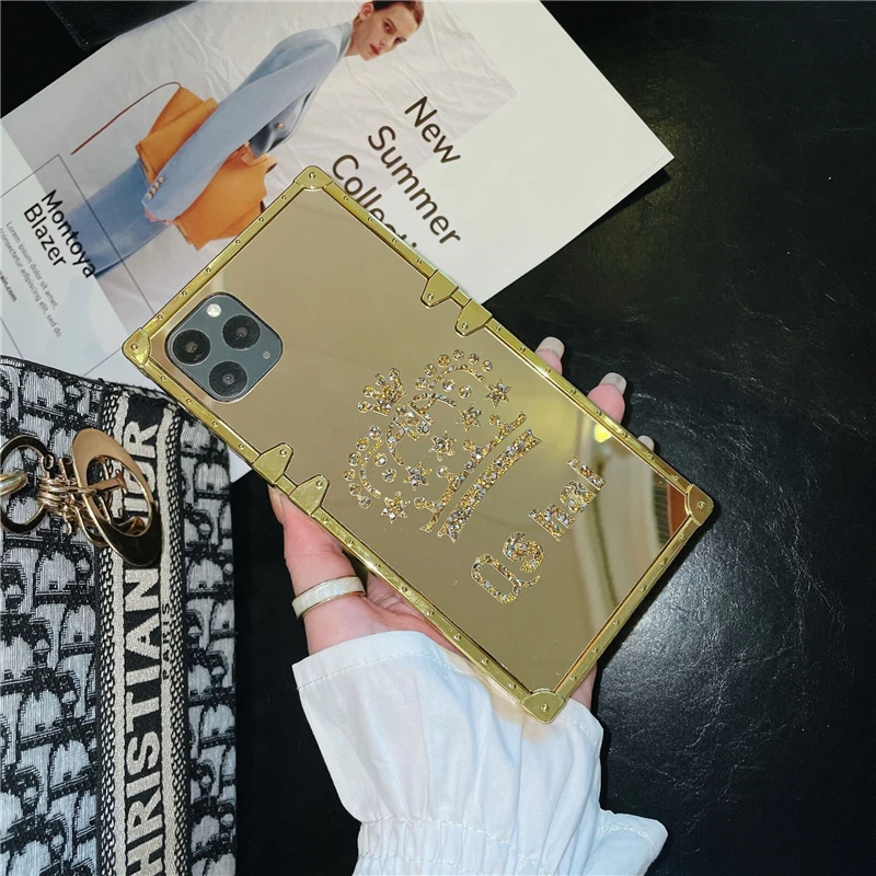 luxury golden square mirror phone case for iphone 12 13 11 pro xs max xr x 7 8 plus new hot crown fashion cover coque for women free global shipping