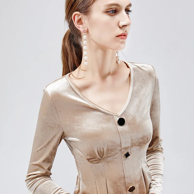 

Small shirt with long sleeve foreign style base shirt and French close waist Ruffle hem top