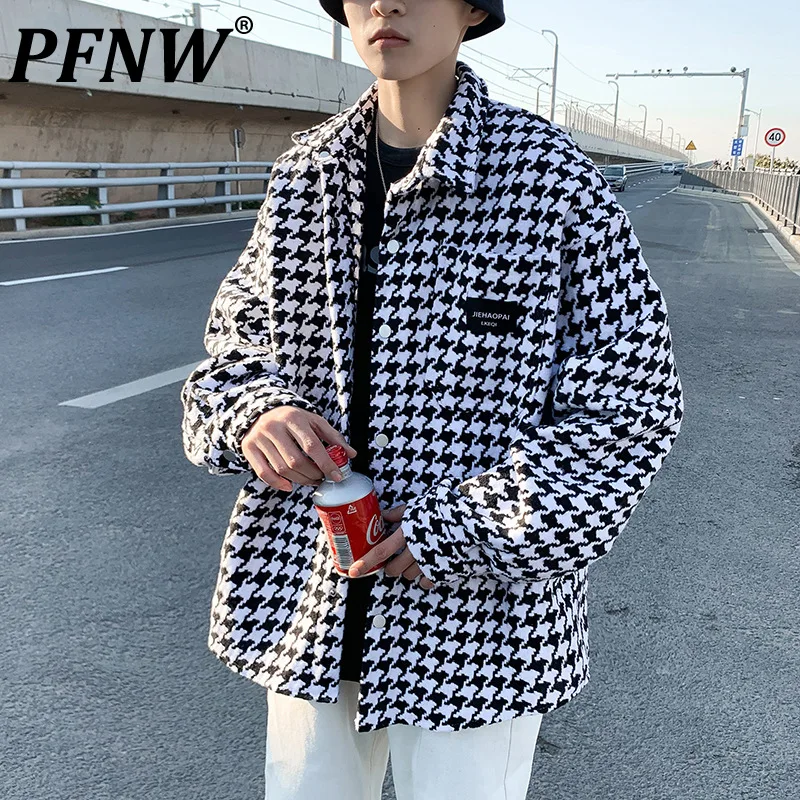 

PFNW 2021 Autumn New Ins Safari Style Clothes Shirt Coat Men's Loose Plaid Couple Trends Letter Print Chic Black Jackets 12X0015