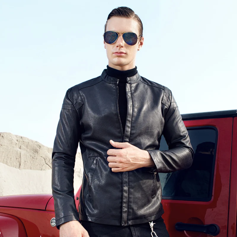 Мужская куртка из искусственной кожи повседневная мотоциклетная однотонная