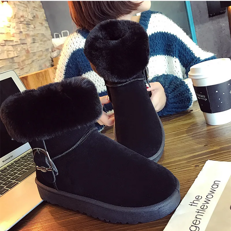 

2020 Winter The New Snow Boots Fashion Ankle Furry Buckle Strap Slip-On Round Flat With Flock Plush Women Boots Thicken Solid