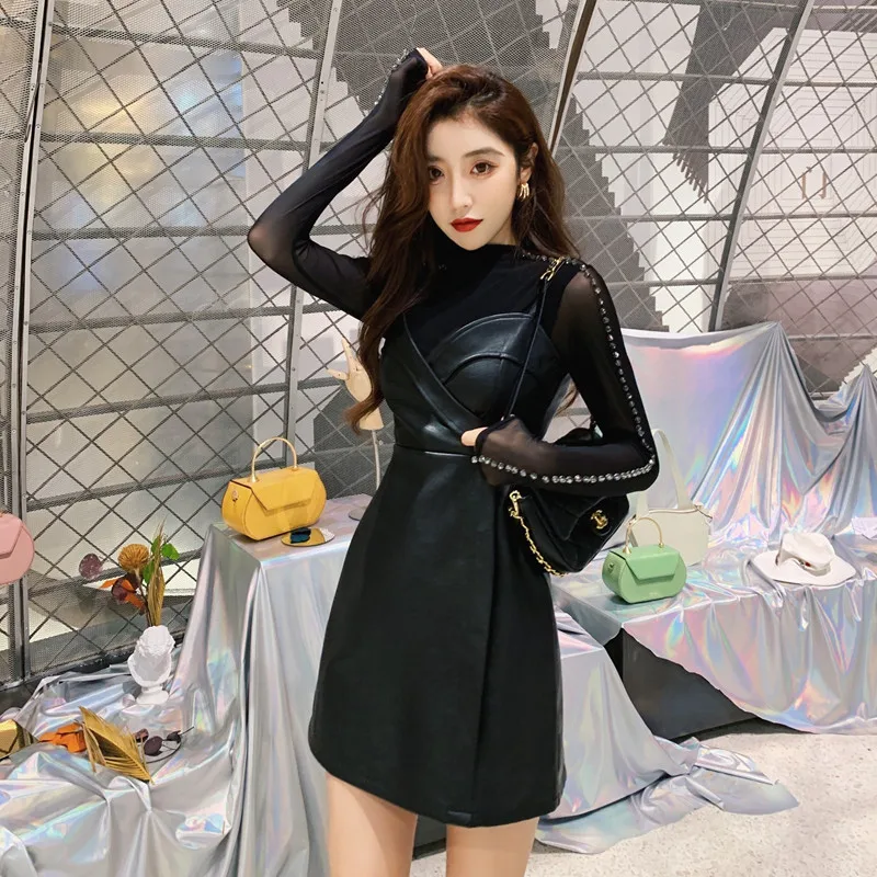 COIGARSAM модное женское цельное платье корейское зимнее на тонких бретелях с