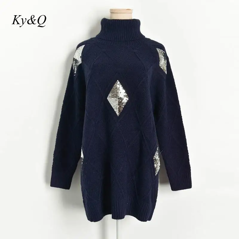 Brand 2019 Winter Women Pink Luxury Pullover Long Loose Lazy Turtleneck Sequin Rhombus Warm Knitted Sweater Clothes Jumper | Женская