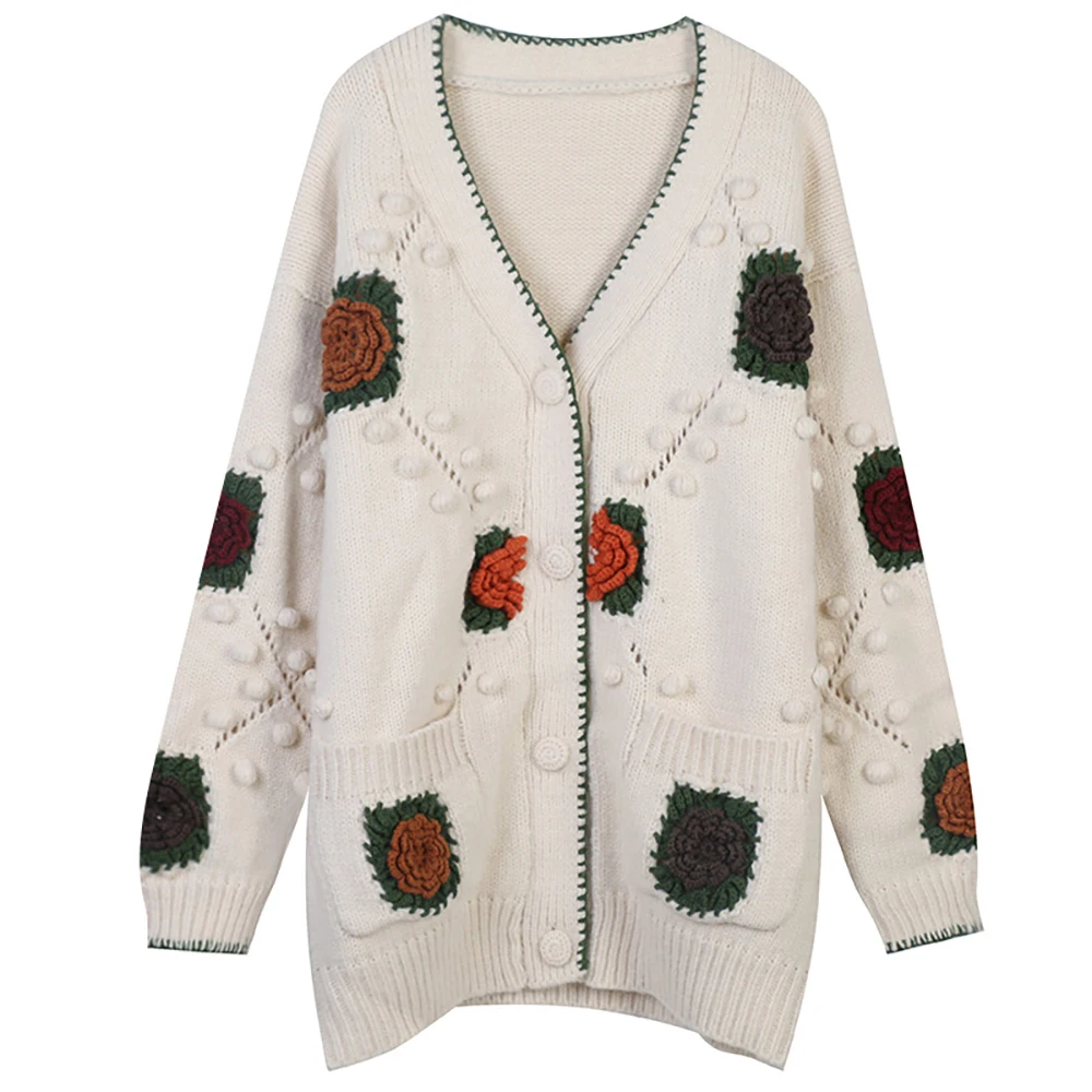 

Fall Winter 2021 New Heavy Industry Three-Dimensional Diamond Flower Embroidery Lazy Loose Medium Length Cardigan Sweater Women