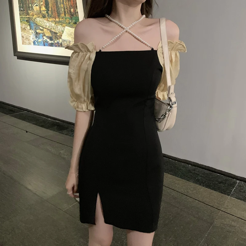 

Summer women's 2020 new temperament sexy dress design sense pearl hanging neck word shoulder split black dress