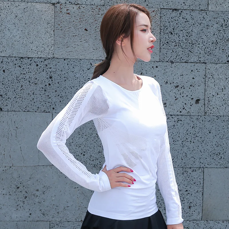 Ажурные Спортивные Рубашки Топы Женская облегающая Сетчатая футболка для йоги и