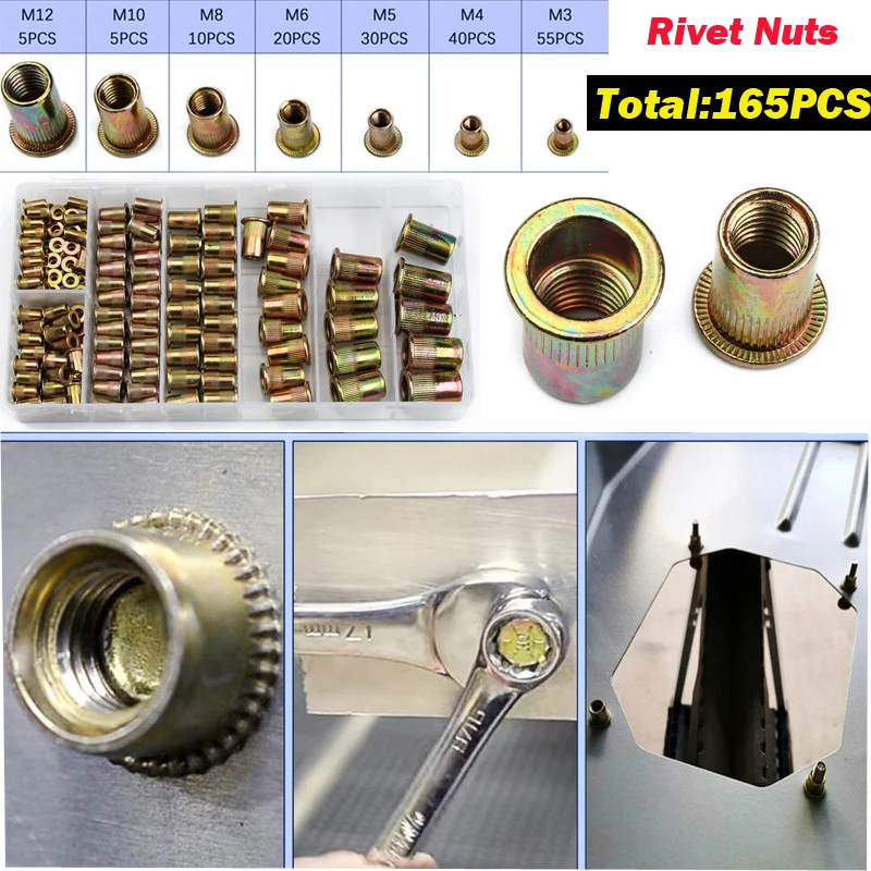 

165pcs/set Mixed Zinc Plated Carbon Steel Rivet Nut Threaded Rivnuts Insert M3 M4 M5 M6 M8 M10 M12 Flat Head Threaded Insert Kit
