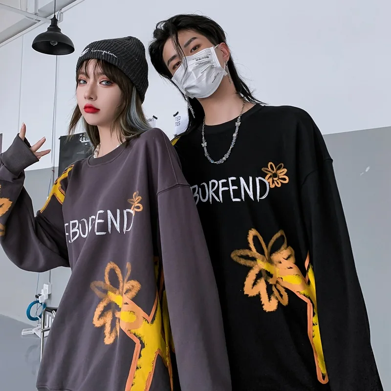 

Fashion Couple Hoodies Flowers Letters Print O Neck Pullover Sweatshirts Men Women Spring Autumn Casual Sports Loose Cotton Tops