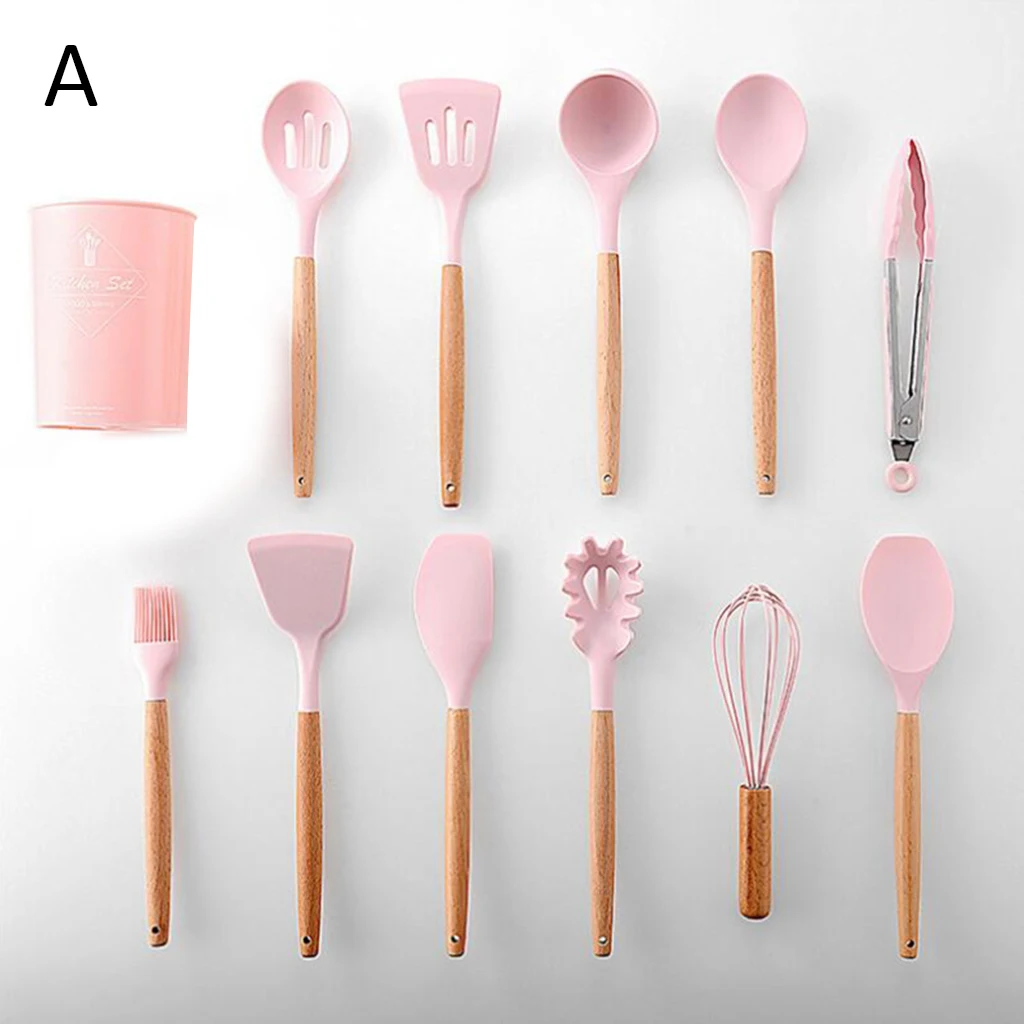 Pink 12Pcs 9/10 13 шт. антипригарная силиконовая кухонная утварь Пособия по кулинарии инструменты Кухня набор посуды с бамбуковыми ручками по Пособия по кулинарии инструмент не токсичный Кухня гаджеты - Цвет: Pink 12Pcs