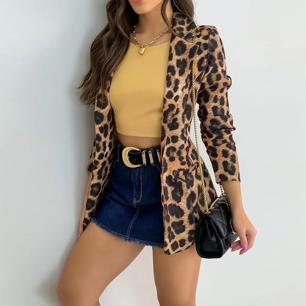 

Fashion Trend Women Lapel Leopard Print Long Sleeves Suit Jacket Elegant Fall Winter Office Lady Cardigan Coat Casual Streetwear