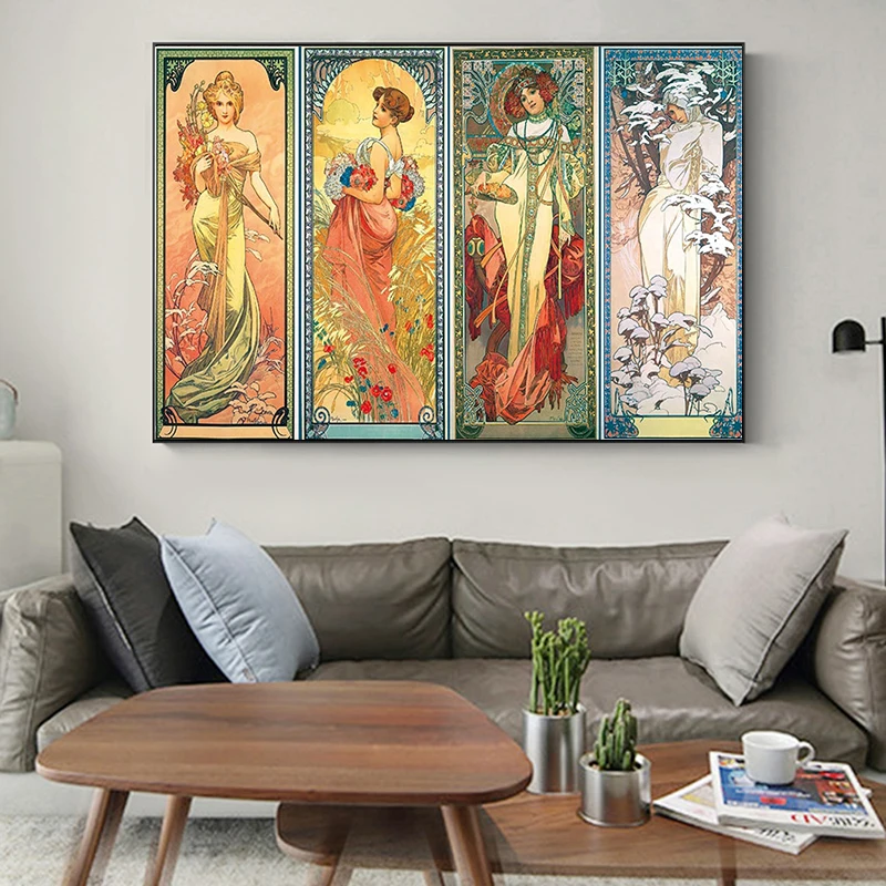 

Alphonse Mucha Times of Day Vintage Canvas Posters and Prints Art Nouveau Woman Paintings Wall Pictures Home Decor Cuadros