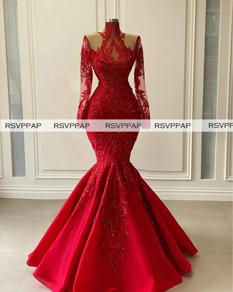 

Red Mermaid Long Evening Dresses 2021 Exquisite Beaded Handwork Sheer Top High Neck Long Sleeve Arabic Dubai Women Formal Gowns
