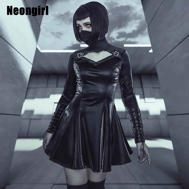 

Сексуальное крутое платье Neongirl из искусственной кожи в стиле панк, женское черное облегающее платье трапециевидной формы на молнии с высок...