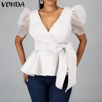 summer v neck puff sleeve solid blouse vonda bohemian blusas femininas solid color pleated tops loose party shirts femme tops