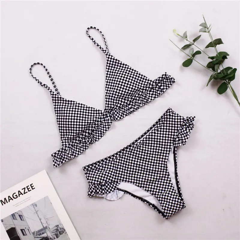 

Sexy Women Bikini Set 2020 New Push Up Ruffles Plaid Padded Swimwear Bikini Female Bathing Suit Beachwear Swimming Suit 2 Color