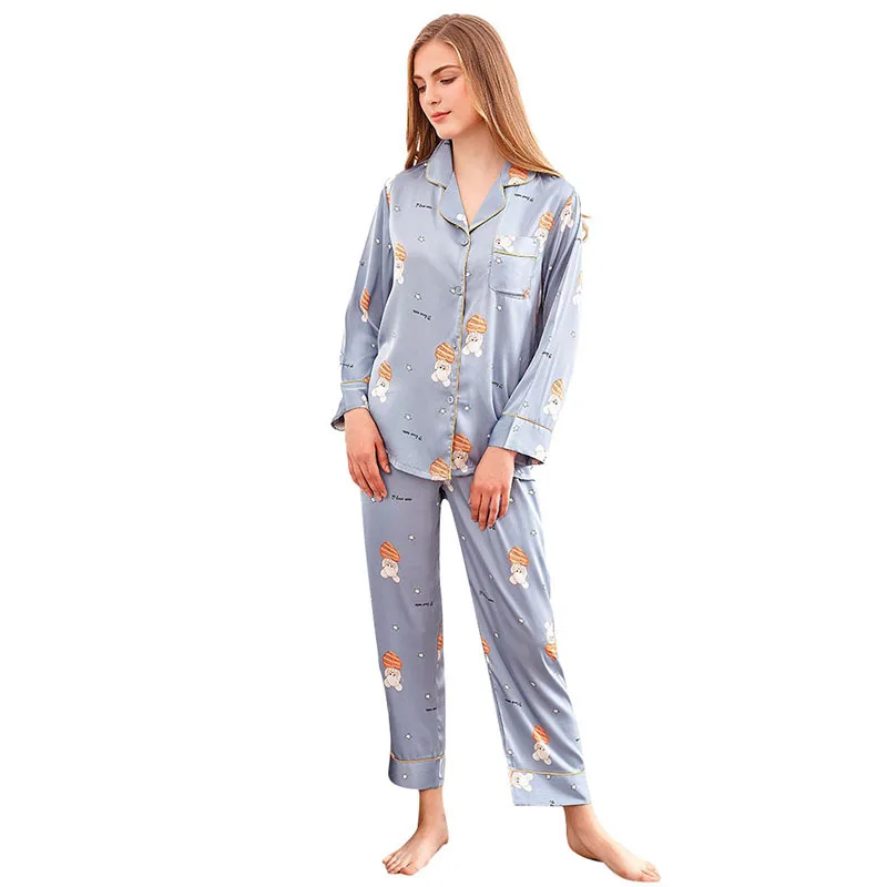 

Casual Women 2PCS Pajamas Suit Sleepwear Satin Print Intimate Lingerie Shirt&Pants 2021 New Home Clothes Nightwear Nightgown