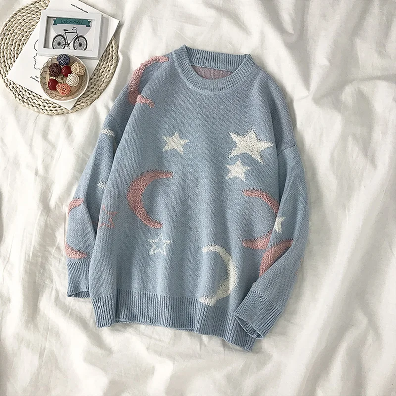 Gaganight Moon Stars корейский Свободный женский свитер с длинным рукавом и круглым