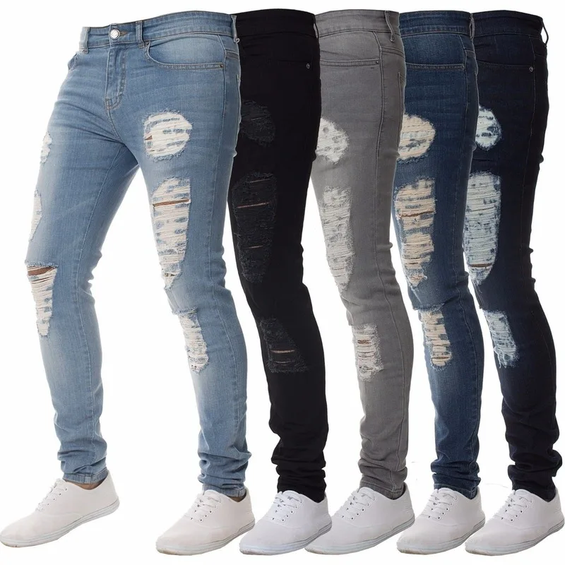 

Мужские рваные джинсы FAKUNTN, облегающие повседневные мужские брюки-карандаш с эффектом потертости, черные светильник-голубые джинсовые брюк...