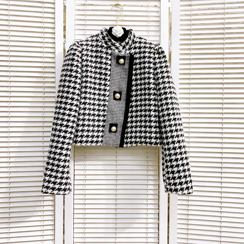 

Женское шерстяное пальто, Корейская версия высококачественного пиджака в клетку со скошенными краями и металлической пряжкой, с длинными р...